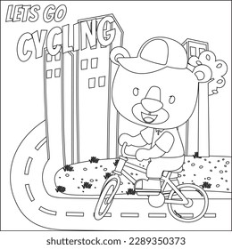 Cute little lion riding bicycle. Trendy children graphic with line art design hand drawing sketch vector illustration for adult and kids coloring book.