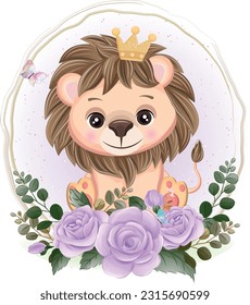 
Cute little lion and rose wreath