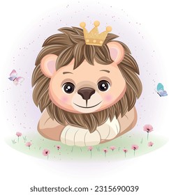 Cute little lion sitting with the butterflies
