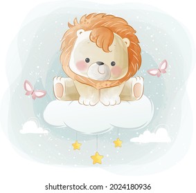 
Cute Little Lion Sitting on Cloud 