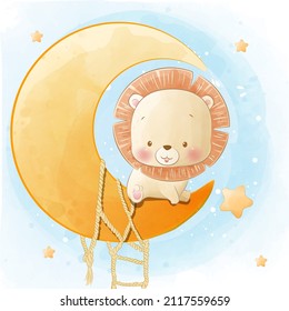 Cute little lion sitting on moon and star watercolor cartoon illustration