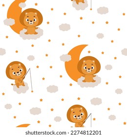 Cute little lion sitting on cloud and fishing star seamless childish pattern. Funny cartoon animal character for fabric, wrapping, textile, wallpaper, apparel. Vector illustration