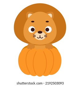 Cute little lion sitting in a pumpkin. Cartoon animal character for kids t-shirts, nursery decoration, baby shower, greeting card, invitation. Vector stock illustration