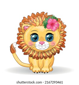 Cute little lion with wreath of hawaii flowers. Cartoon illustration.