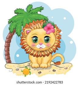 Cute little lion with wreath of hawaii flowers. Cartoon illustration. Beach with a palm tree, summer is coming card