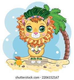 Cute little lion with wreath of hawaii flowers. Cartoon illustration. Beach with a palm tree, summer is coming card