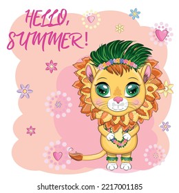 Cute little lion with wreath of hawaii flowers. Cartoon illustration. Beach with a palm tree, summer is coming card