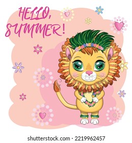 Cute little lion with wreath of hawaii flowers. Cartoon illustration. Beach with a palm tree, summer is coming card