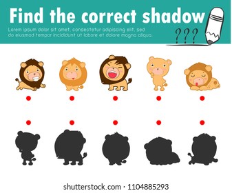 Cute little lion,Find the correct shadow. Educational game for children, Shadow Matching Game for kids, Visual game for kid. Connect the dots picture,Education Vector Illustration.