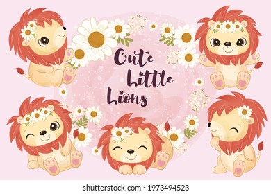 Cute little lions in set in watercolor illustration