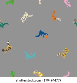 Cute little lizards seamless pattern. Colorful reptiles on gray background for textile, wallpaper or wrapping paper design. - Vector illustration