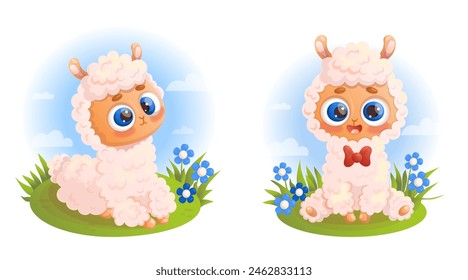Cute little Llama alpaca. Happy cartoon animals with bleu flowers ang sky. Isolated Vector illustrations 