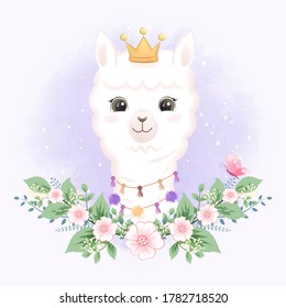 Cute Little Llama and butterfly hand drawn cartoon illustration