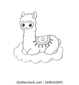 Cute little llama character sitting on cloud hand drawn vector illustration. Can be used for t-shirt print, kids wear, fashion design, baby shower invitation card, poster, birthday, nursery