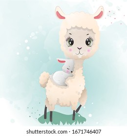 cute little llama and rabbit watercolor drawing