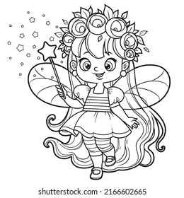 Cute little longhaired fairy girl with a Magic wand outlined isolated on a white background