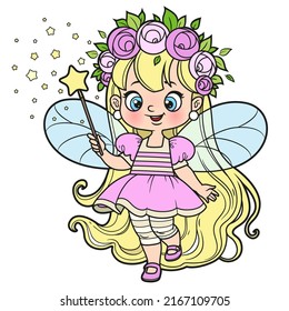 Cute little longhaired fairy girl with a Magic wand color variation for coloring page isolated on a white background