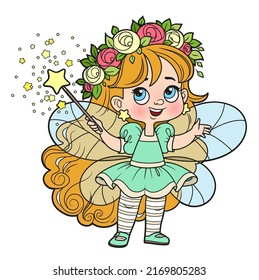 Cute little longhaired fairy girl in wreath with a Magic wand color variation for coloring page isolated on white background