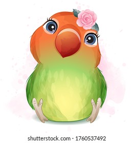 Cute little love bird with watercolor illustration