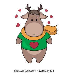 Cute little love deer with heart on white background, emotional character vector illustration 