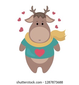 Cute little love deer with heart on white background, emotional character vector illustration 