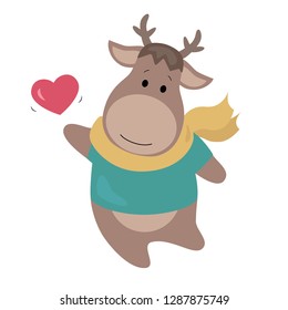 Cute little love deer with heart on white background, emotional character vector illustration 