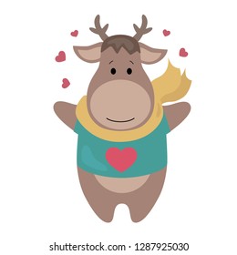 Cute little love deer with heart on white background, emotional character vector illustration 