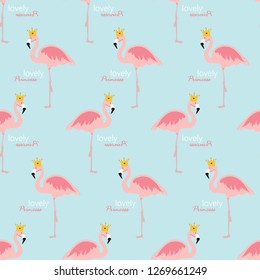 Cute Little Lovely Princess Seamless Pattern Background with Pink Flamingo Vector Illustration