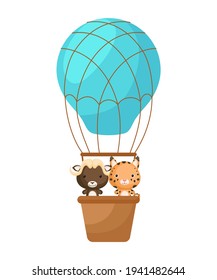 Cute little lynx, musk-ox fly on blue hot air balloon. Cartoon character for childrens book, album, baby shower, greeting card, party invitation, house interior. Vector stock illustration.