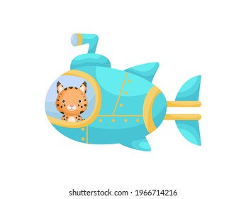 Cute little lynx sail on turquoise submarine. Cartoon character for childrens book, album, baby shower, greeting card, party invitation, house interior. Vector stock illustration.