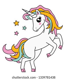 Cute Little Magic Unicorn isolated on white,  Vector Illustration. Fairy Tale Character. Fantasy Cartoon Character. Animals And Mythical Creatures.