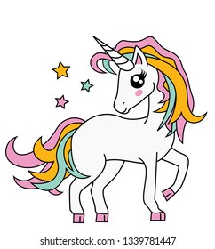 Cute Little Magic Unicorn isolated on white,  Vector Illustration. Fairy Tale Character. Fantasy Cartoon Character. Animals And Mythical Creatures.