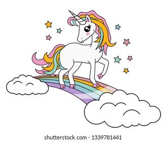 Cute Little Magic Unicorn Rainbow isolated on white,  Vector Illustration. Fairy Tale Character. Fantasy Cartoon Character. Animals And Mythical Creatures.