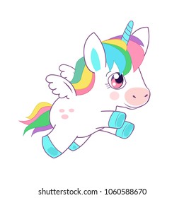 Cute Little Magic Unicorn Vector Illustration. Fairy Tale Character. Fantasy Cartoon Character. Flying Unicorn. Animals And Mythical Creatures.