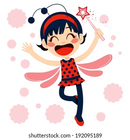 Cute little magical red ladybug fairy with magic wand