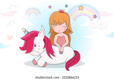 Cute little magical unicorn with princess Vector design on white background. Print for t-shirt.