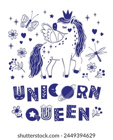 Cute little magical unicorn and short phrase unicorn queen. Vector hand drawing illustration isolated on white background