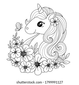Cute little magical unicorn surrounded by flowers and butterflies. Black and white image for coloring. Suitable for prints, posters, postcards, tattoos, coloring books, etc. Vector