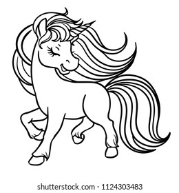 Cute little magical unicorn. Vector design on white background. Isolated on white background. Outlined for coloring book.