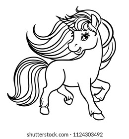 Cute little magical unicorn. Vector design on white background. Isolated on white background. Outlined for coloring book.