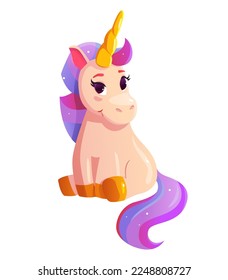Cute Little Magical Unicorn. Vector Illustration in cartoon style. Isolated picture. For nursery design, stickers, postcard, posters, room decor, party, nursery t-shirt, kids apparel.