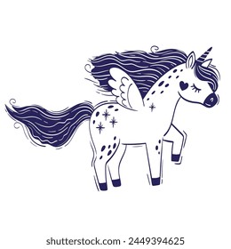 Cute little magical unicorn. Vector hand drawing illustration isolated on white background