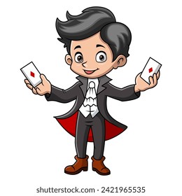 Cute little magician boy cartoon playing a cards