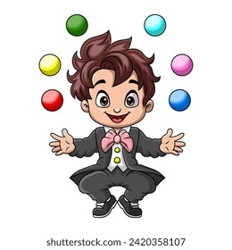 Cute little magician cartoon juggling colorful balls