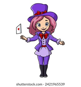 Cute little magician girl cartoon playing a cards