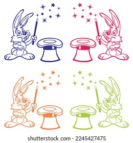 Cute Little Magician Rabbit With Hat And Magic Stick Vector illustration
