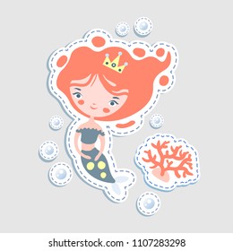 Cute little mairmaid - vector cartoon illustration. Fairy mermaids princess with underwater elements - coralls and bottle. Sticker cute mermaid character