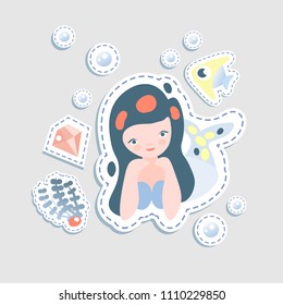 Cute little mairmaid - vector cartoon illustration. Fairy mermaids princess with underwater elements - coralls and bottle. Sticker cute mermaid character