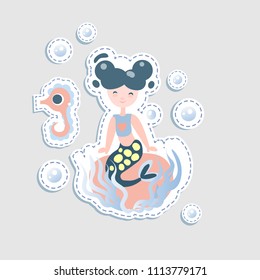 Cute little mairmaid - vector cartoon illustration. Fairy mermaids princess with underwater elements - coralls and bottle. Sticker cute mermaid character