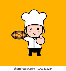 Cute little male chef with good pose holding pizza with wearing chef hat and uniform. Flat vector illustration